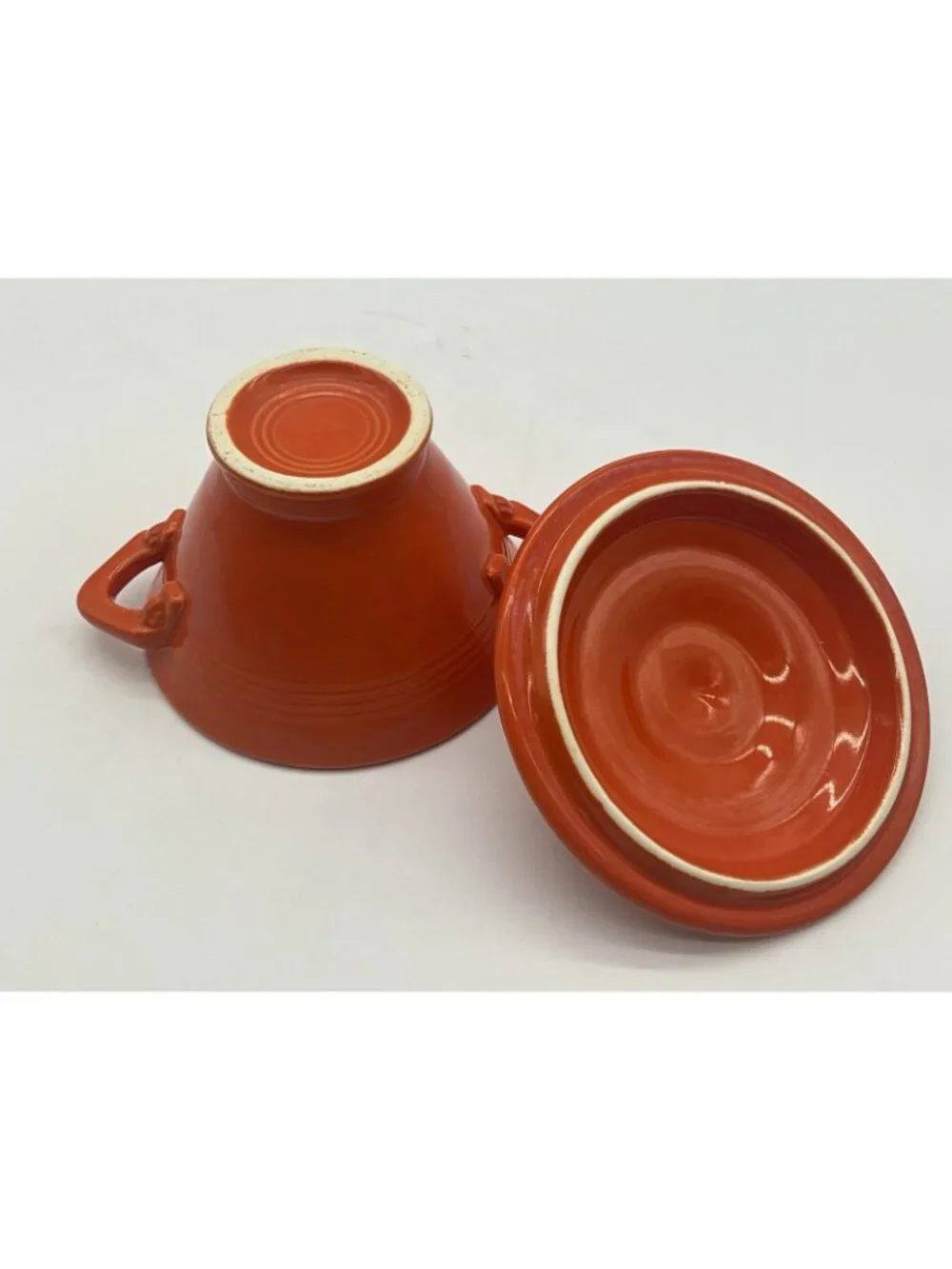 Homer Laughlin Harlequin Creamer and Lidded Sugar Bowl in a Red-Orange Glaze VTG